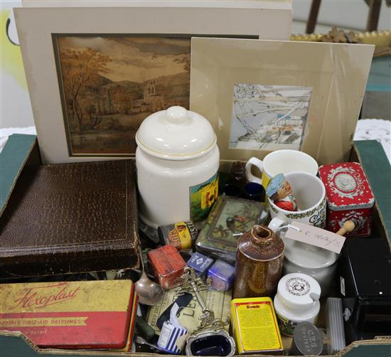 A box of mixed collectables advertisements, Colemans Mustard, etc.